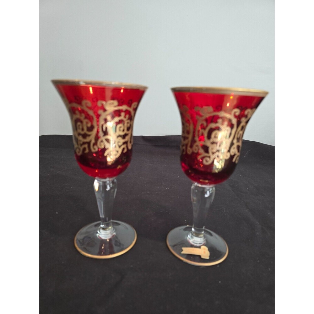 SET of 2 Interglass Italy Red & Hand Painted 24K Gold Water/Wine Glasses